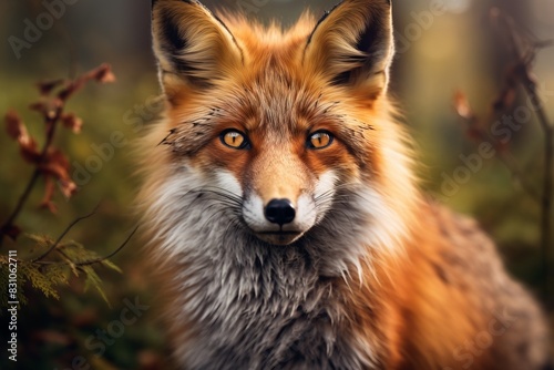 Close-up of a majestic red fox with a lush coat, set against a background of natural woodland scenery. photo