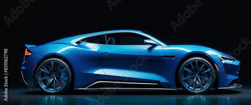 A sleek blue sports car displayed under dramatic lighting, emphasizing its modern design and high-performance features.