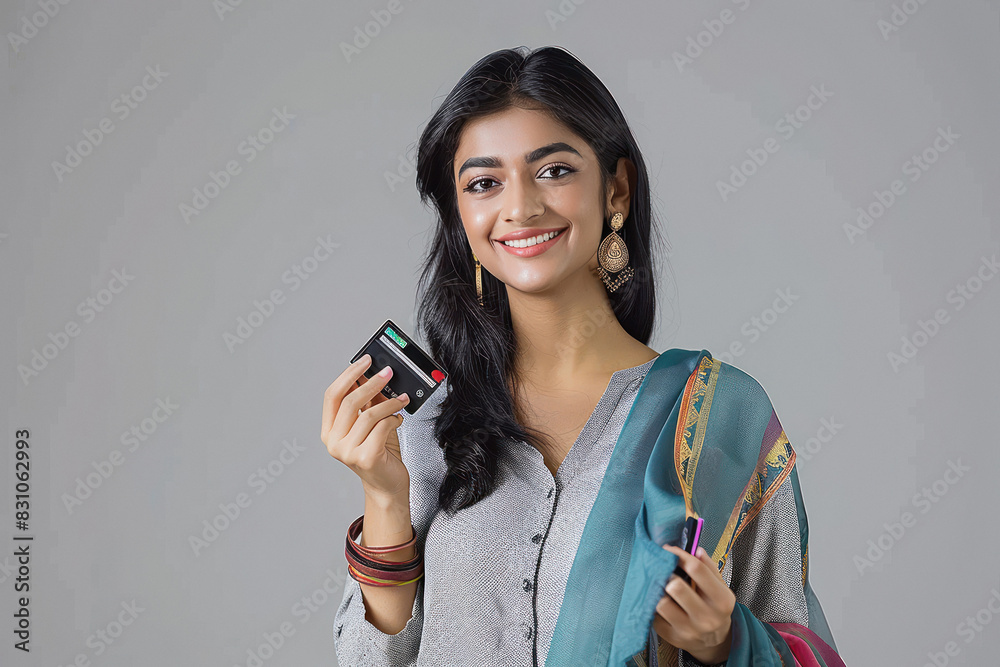 young indian woman holding credit card on isolated background