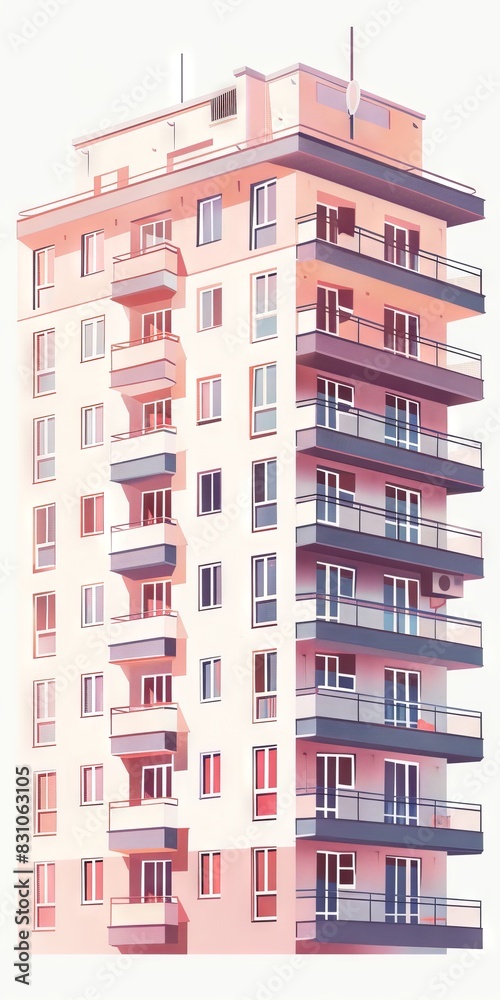A high-rise building with multiple levels of balconies, where smaller balconies are attached to larger ones, creating a unique architectural design A high-rise building with multiple levels of balconies, where smaller balconies are attached to larger ones, creating a unique architectural design