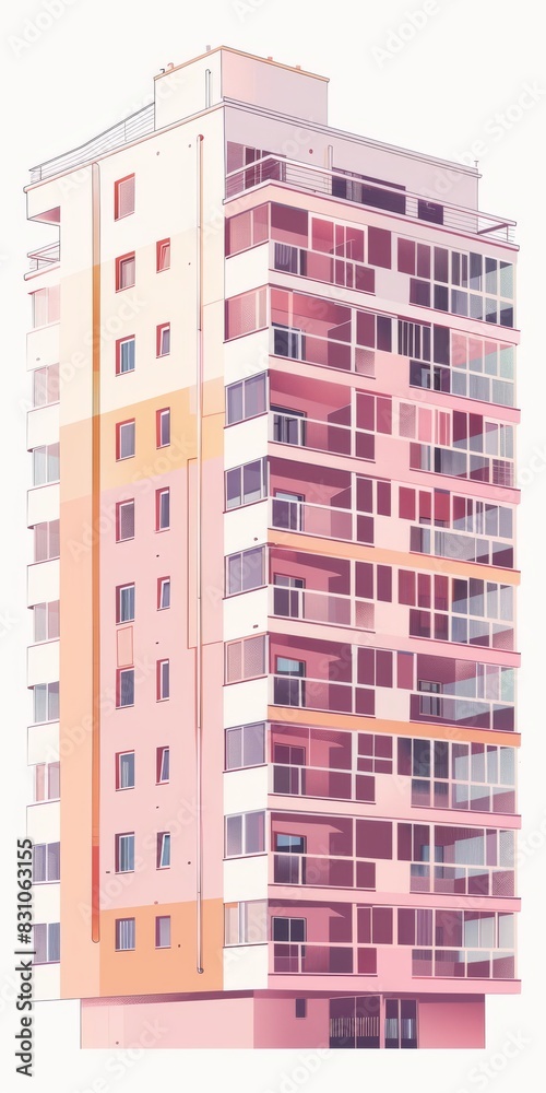 Drawing of a tall building with numerous windows, showcasing architectural details and design Drawing of a tall building with numerous windows, showcasing architectural details and design