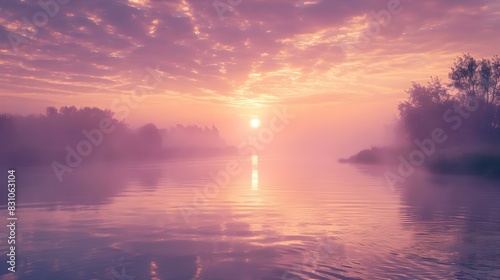 quiet river mist sunrise soft image photo