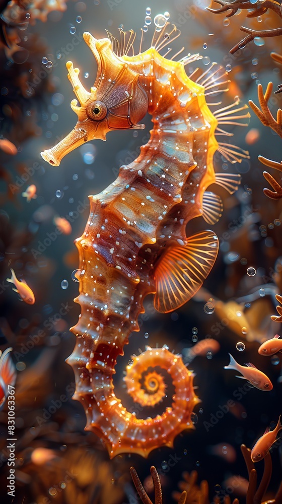 A sea horse gracefully swims in the water, moving among the sea plants and seaweed surrounding it A sea horse gracefully swims in the water, moving among the sea plants and seaweed surrounding it