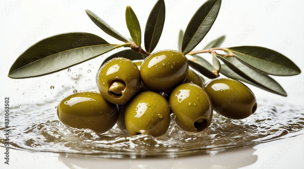bunch of olive on plain white background with water splash bunch of olive on plain white background with water splash