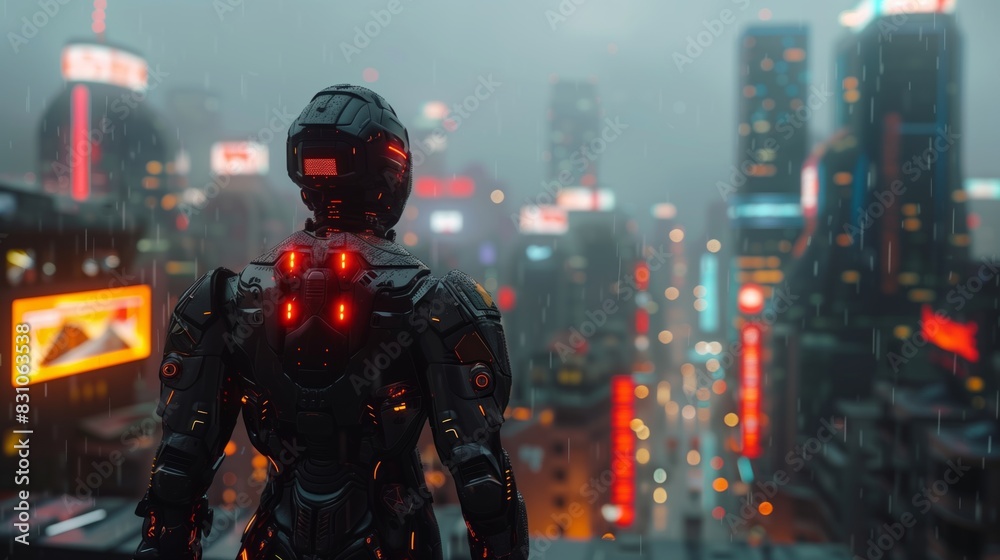 Man in Futuristic Suit Standing in Front of Cityscape Man in Futuristic Suit Standing in Front of Cityscape