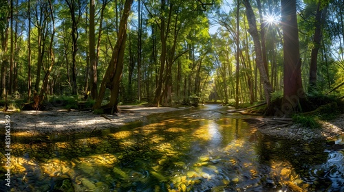 sunlit forest clear stream image