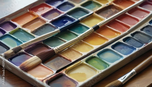 A colorful array of watercolor paints in a box with brushes on top  ready for the artist s creative touch.