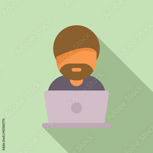 A minimalist illustration featuring an individual working on a laptop, set against a green background