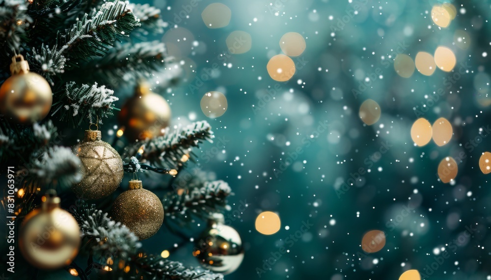 Festive Christmas scene with blurred snowflakes and green bokeh background Festive Christmas scene with blurred snowflakes and green bokeh background