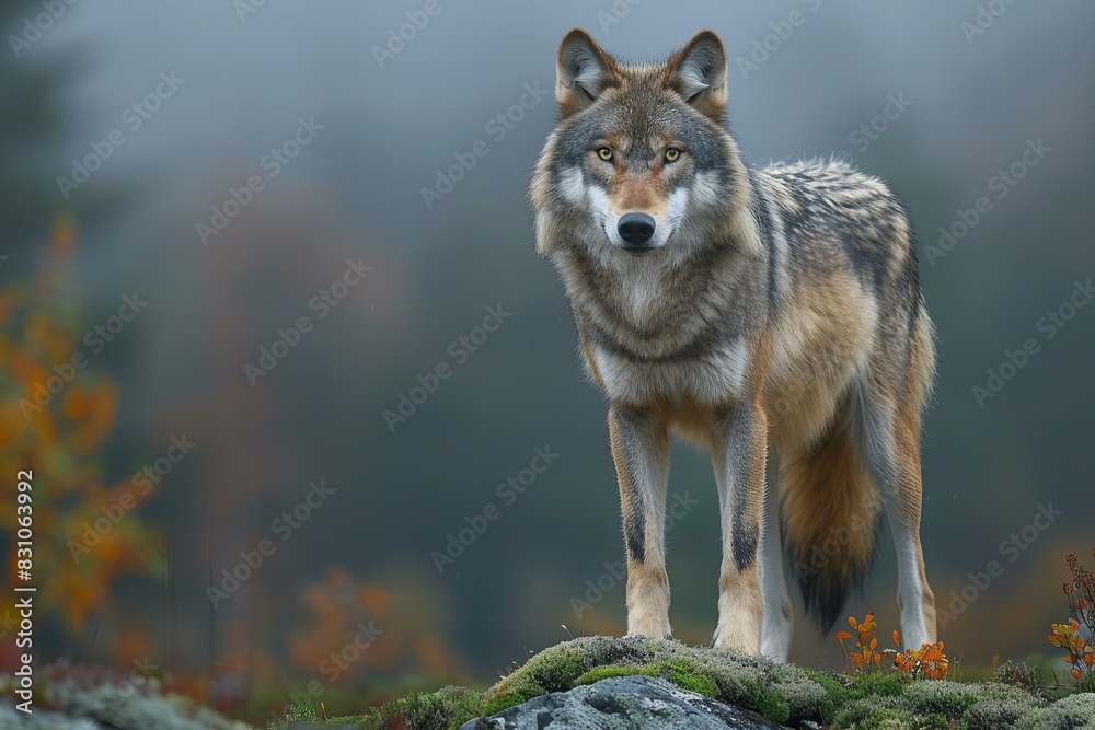 A grey wolf stands on a mossy hill in the fog, high quality, high resolution