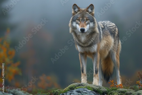 A grey wolf stands on a mossy hill in the fog  high quality  high resolution