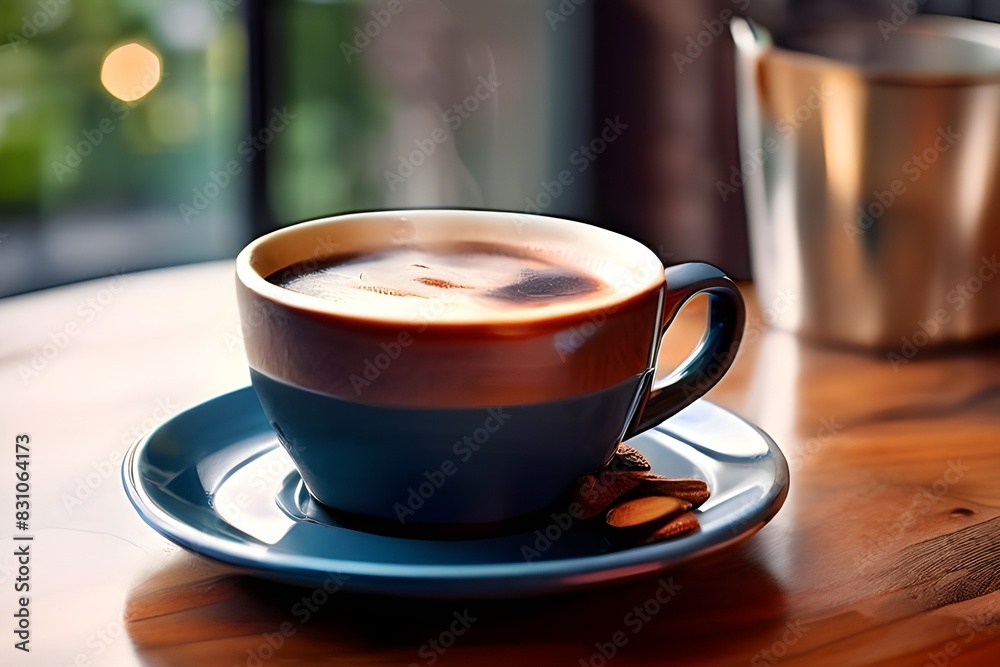 Obraz premium Aromatic coffee beans and cup of coffee on dark table, inviting and energizing.