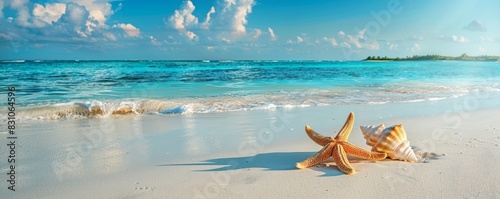 Beach with white sand, starfish and conch shells, blue ocean behind