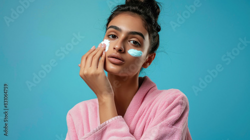 young indian woman applying cosmatic cream on face photo