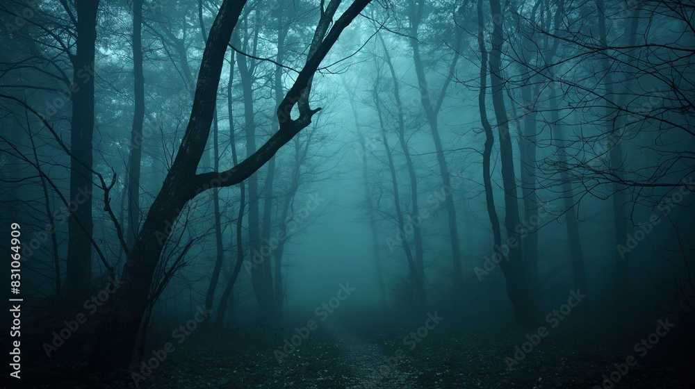 Mystical Foggy Forest Path Surrounded By Dark Trees, Eerie Autumn Scene, Spooky Halloween Landscape, Enigmatic Woodland Atmosphere, Dark Natural Environment, Moody Nature Photography