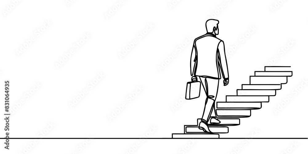 Continuous one line drawing. Reach the target. Businessman climbing stairs to the target. Concept business vector illustration. Continuous one line drawing. Reach the target. Businessman climbing stairs to the target. Concept business vector illustration.
