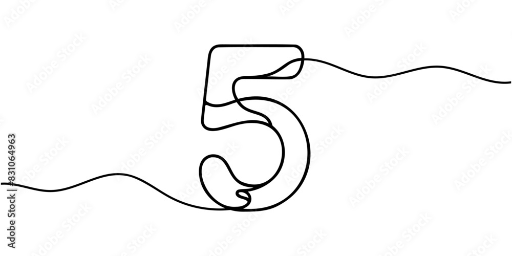 Number 5 in continuous line drawing style. Line art of number five. Vector illustration. Number 5 in continuous line drawing style. Line art of number five. Vector illustration.