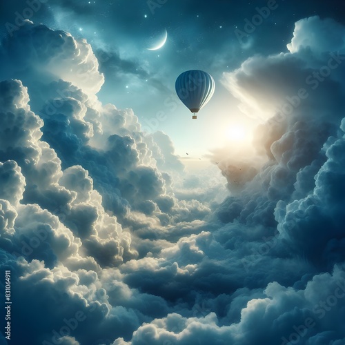 Hot air balloon floats in the sky next to a huge fluffy cloud