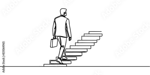 Continuous one line drawing. Reach the target. Businessman climbing stairs to the target. Concept business vector illustration.