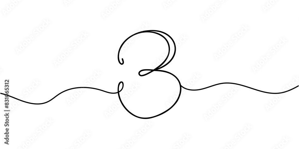 Number 3 in continuous line drawing style. Line art of number three. Vector illustration. Number 3 in continuous line drawing style. Line art of number three. Vector illustration.