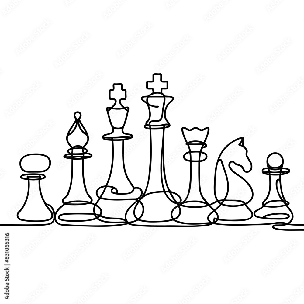 One line drawing of chess pieces. Continuous line drawing graphic vector illustration. One line drawing of chess pieces. Continuous line drawing graphic vector illustration.