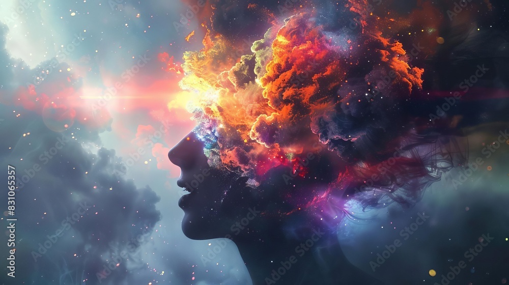 abstract exploding mind with universe energy pouring in creative imagination and inner world concept art