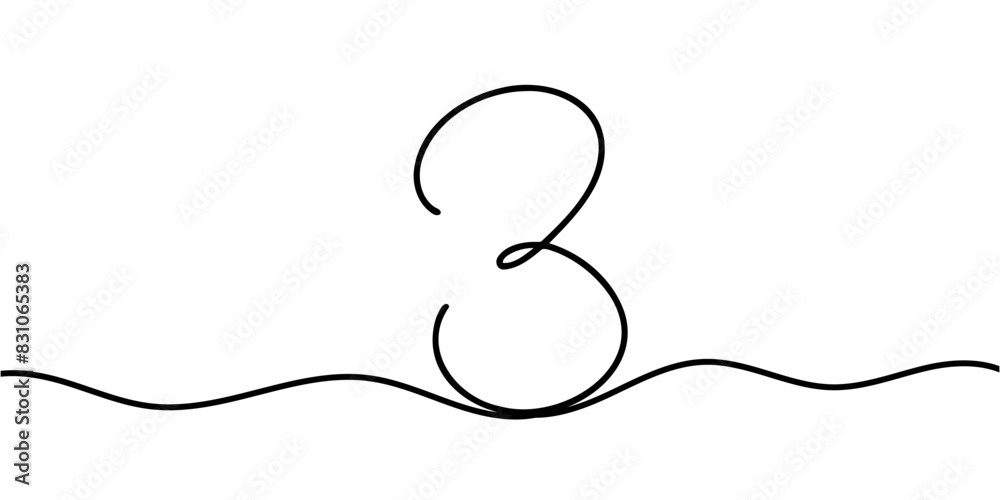 Number 3 in continuous line drawing style. Line art of number three. Vector illustration. Number 3 in continuous line drawing style. Line art of number three. Vector illustration.