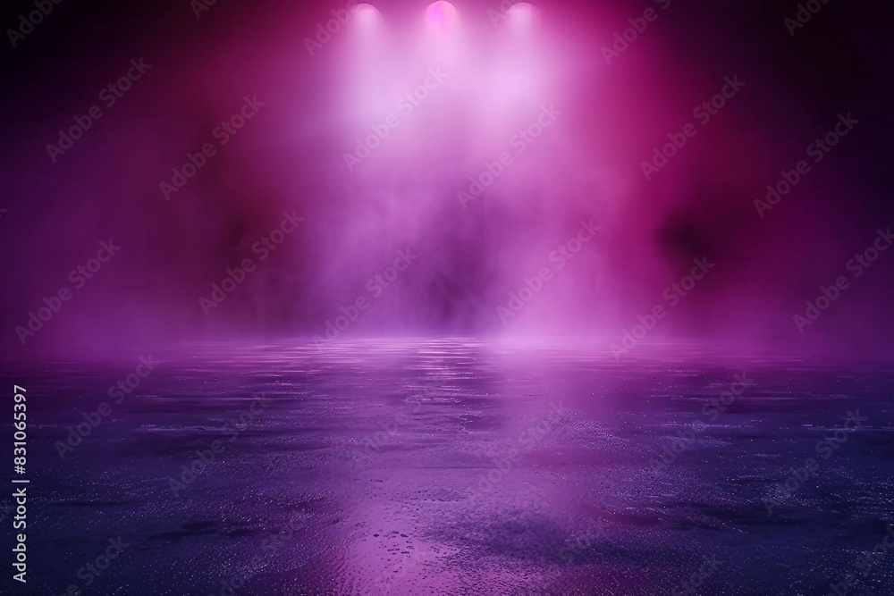 Background of empty room with spotlights and lights, abstract purple background with neon glow. generative ai.