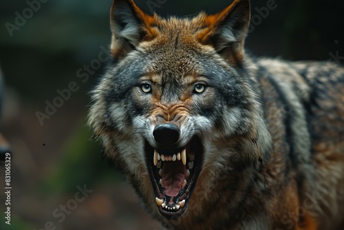 Featuring a  wolf is showing its teeth while roaring  high quality  high resolution