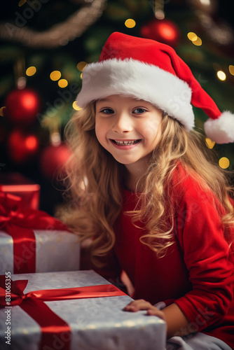 Santa baby girl on Christmas background..