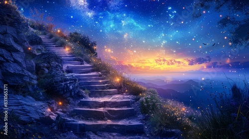 Mystical stairs ascending into a twilight sky with glowing constellations, each step symbolizing a milestone in a quest for self-discovery