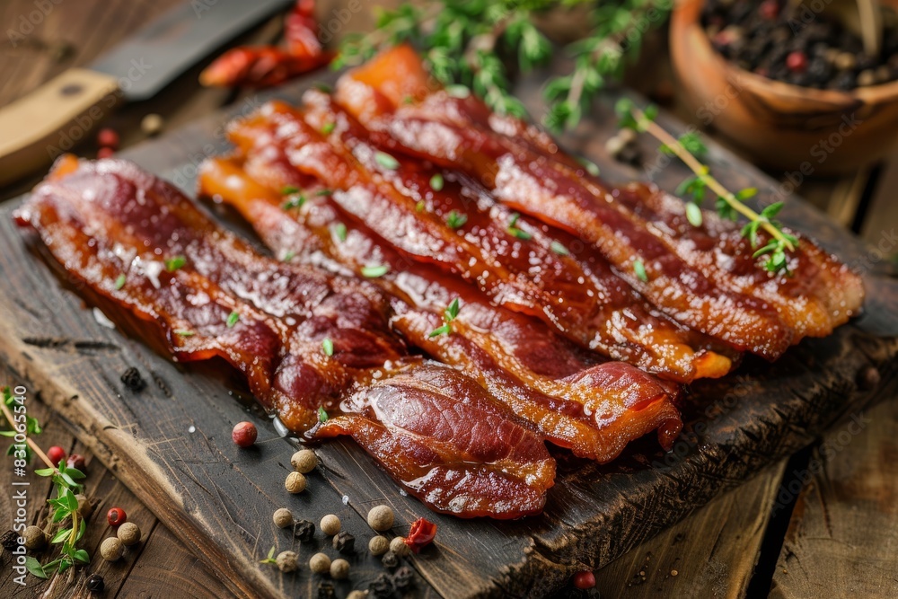 A close-up view of sliced bacon arranged on a wooden cutting board, surrounded by a mix of spices and herbs A close-up view of sliced bacon arranged on a wooden cutting board, surrounded by a mix of spices and herbs