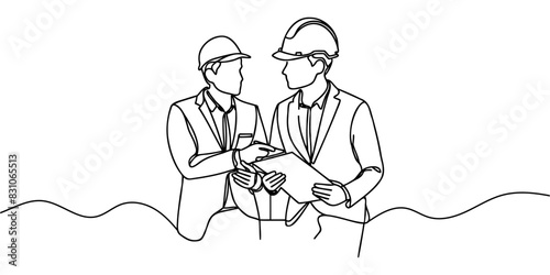 One line illustration of two male architects, engineers or contractors talking about a project