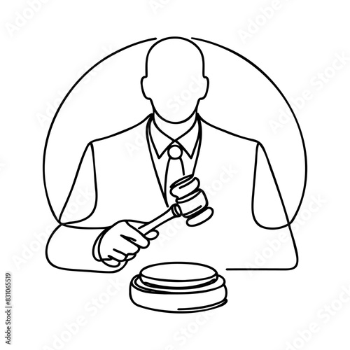 Continuous line drawing of hammer judge on Black and white background