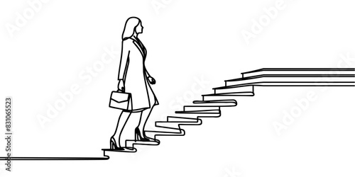 business and education concept. Woman climbing stairs continuous one line drawing