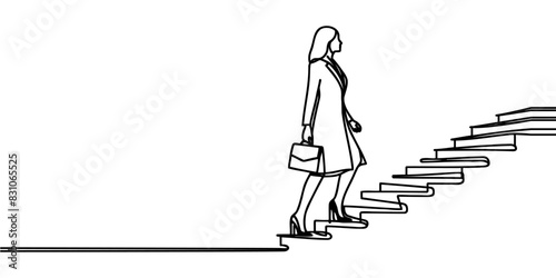 business and education concept. Woman climbing stairs continuous one line drawing