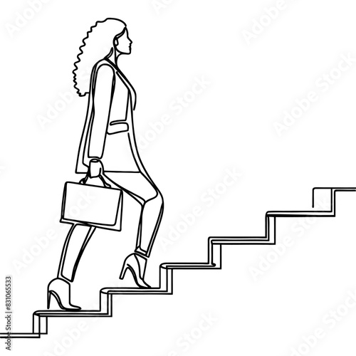 business and education concept. Woman climbing stairs continuous one line drawing