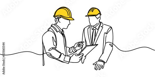 One line illustration of two male architects, engineers or contractors talking about a project