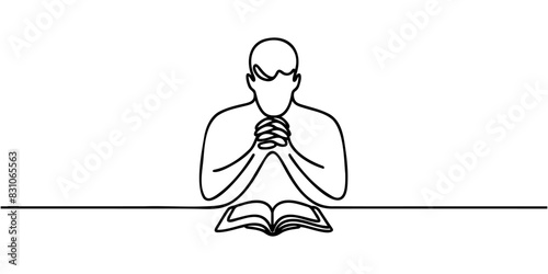 one linear image of a man who prays on a white background.