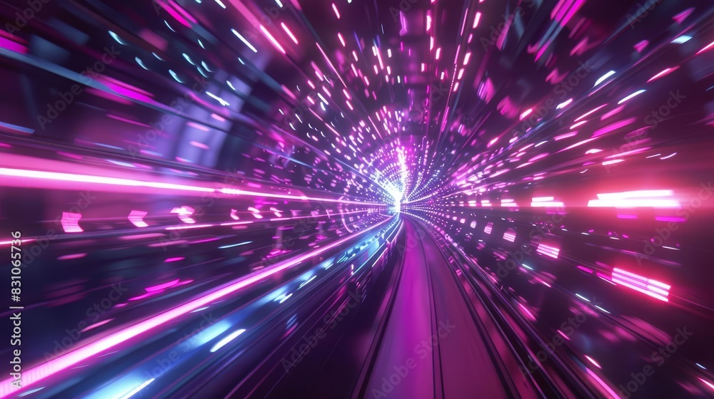 Obraz premium abstract retrofuturistic warp speed tunnel neon 3d illustration