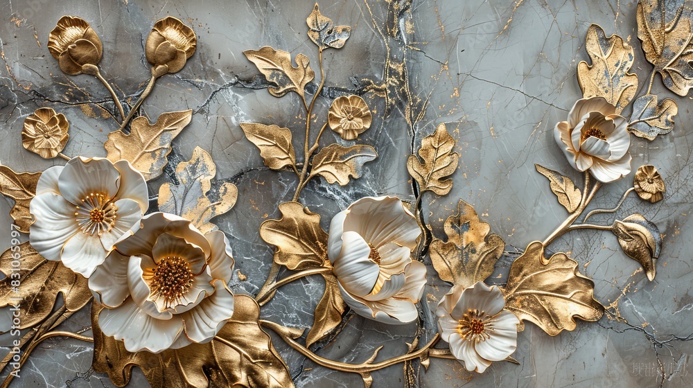Obraz premium Luxurious 3-panel wall art, marble background with golden and silver floral designs, close-up showcasing detailed craftsmanship