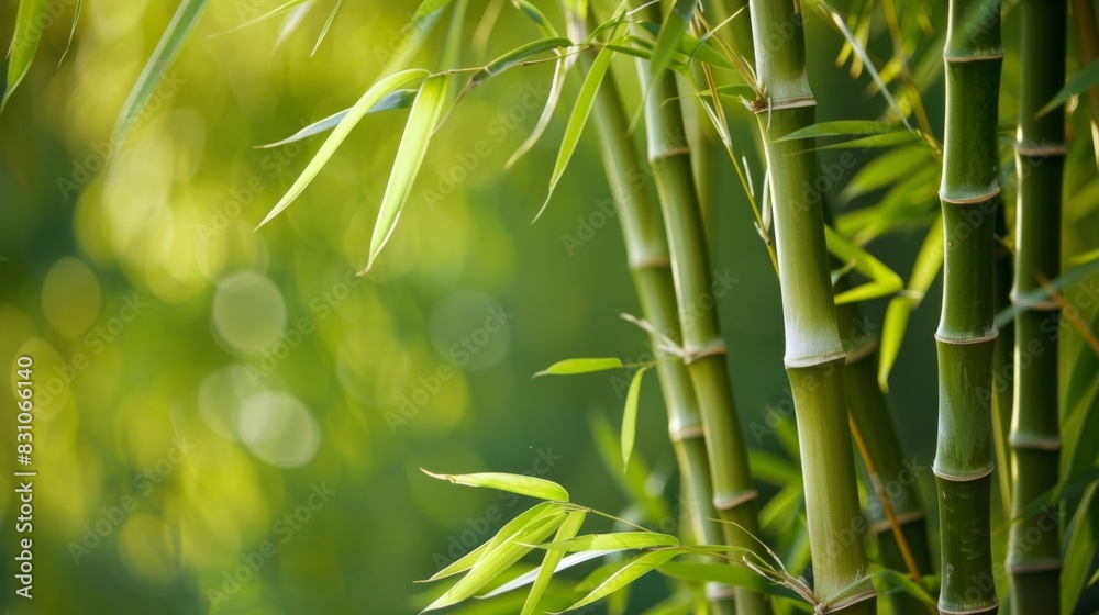Fototapeta premium Close up view of a bamboo plant with a blurred background, showcasing the intricate details of the plants leaves and stem