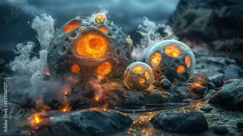 Fantasy landscape with glowing mushrooms and mysterious atmosphere photo