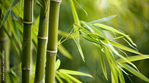 Detailed view of a bamboo tree featuring fresh green leaves under sunlight