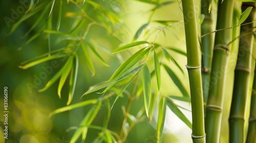 A bamboo tree with abundant green leaves in a natural setting backdrop