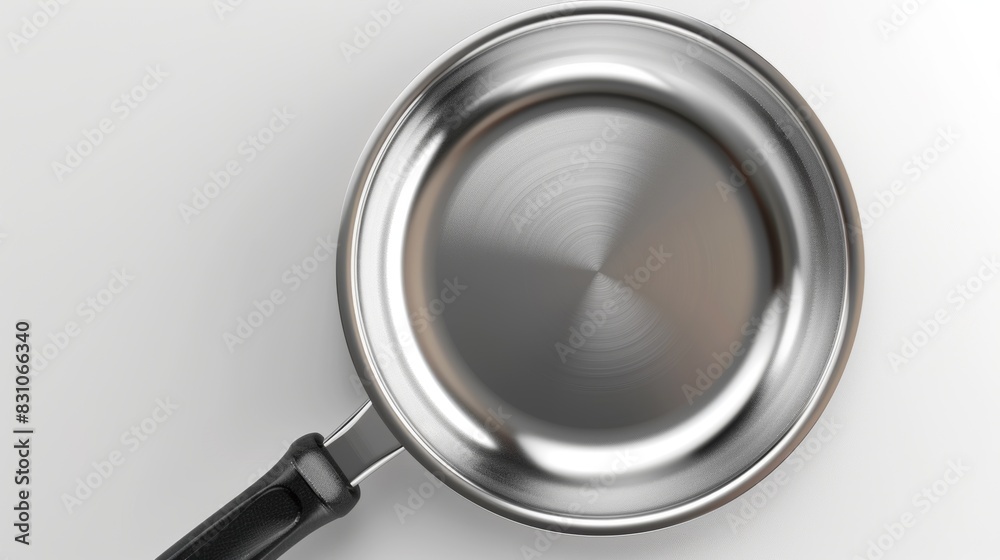 A black-handled frying pan rests on a smooth white surface A black-handled frying pan rests on a smooth white surface