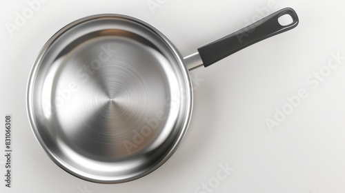 A black-handled frying pan is displayed on a plain white background photo