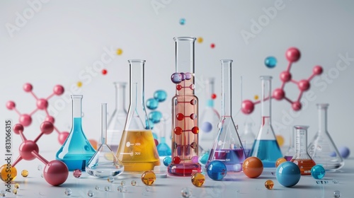 Illustration of a scientific experiment setup with different glassware and colorful liquids, molecule models, isolated background, studio lighting photo