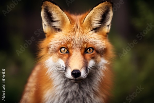 Close-up of a red fox with expressive eyes and vibrant fur captured in a natural setting. Beautiful wildlife photography. © GenBy