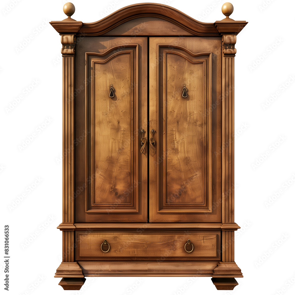 Elegant Wooden Armoire With Brass Handles, Isolated on a White Background, Graphic Resource